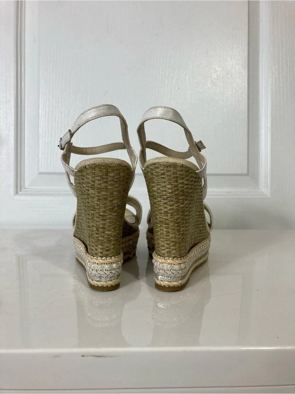 MIA Espadrilles Women 8 Strappy Wedge Pearls Sequins Cream Sandals